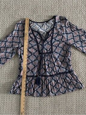 Navy Floral Peasant Blouse with Tassel Tie